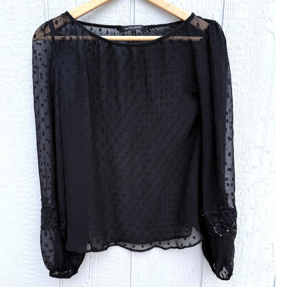 WALTER BAKER black swiss dot semi sheer billow sleeve embellished Candice top